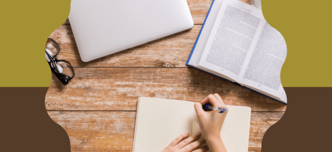 A computer, pair of glasses, and open book lay in front of someone writing in a journal. Cover image for Books to Read Before Starting a Novel